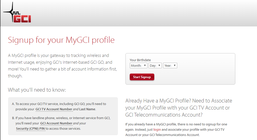 Enter your birth date to sign up for a MyGCI Profile