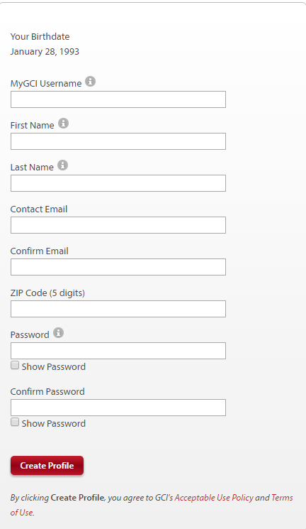Enter your information for your MyGCI Profile