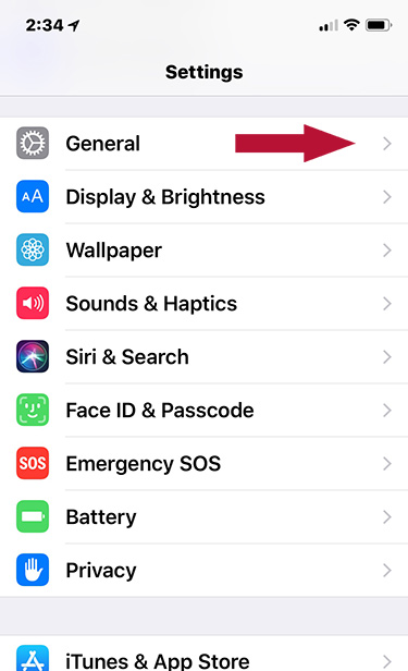 Screen shot of iPhone Settings app showing where to find General option