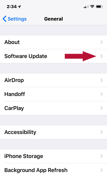 Screen shot of iPhone General tab showing where to find Software Update option