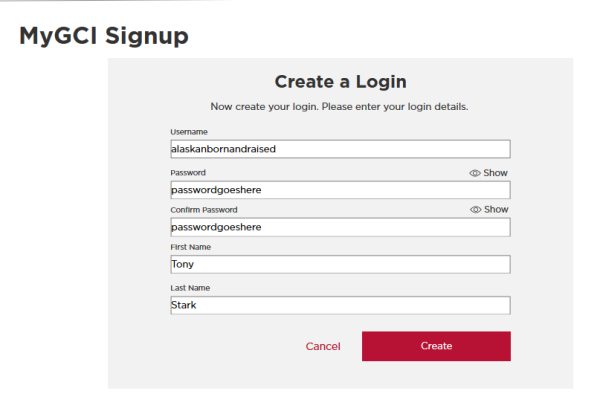 Create a New MyGCI Login