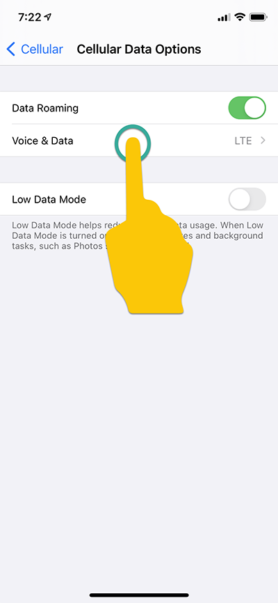 Tap 'Voice & Data' step to enable VoLTE on Apple devices