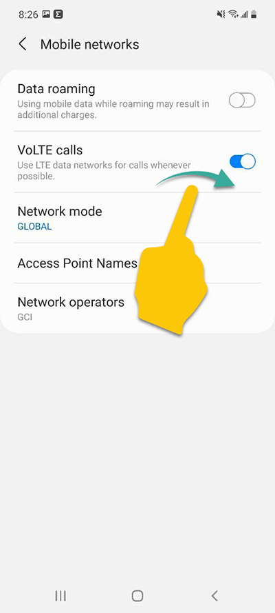 Swipe on and off step to enable VoLTE on Samsung devices