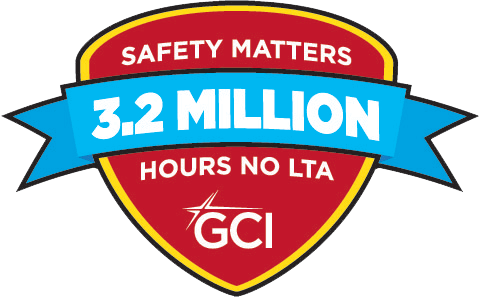 Badge that displays the text Safety Matters 3.2 Million hours No LTA GCI